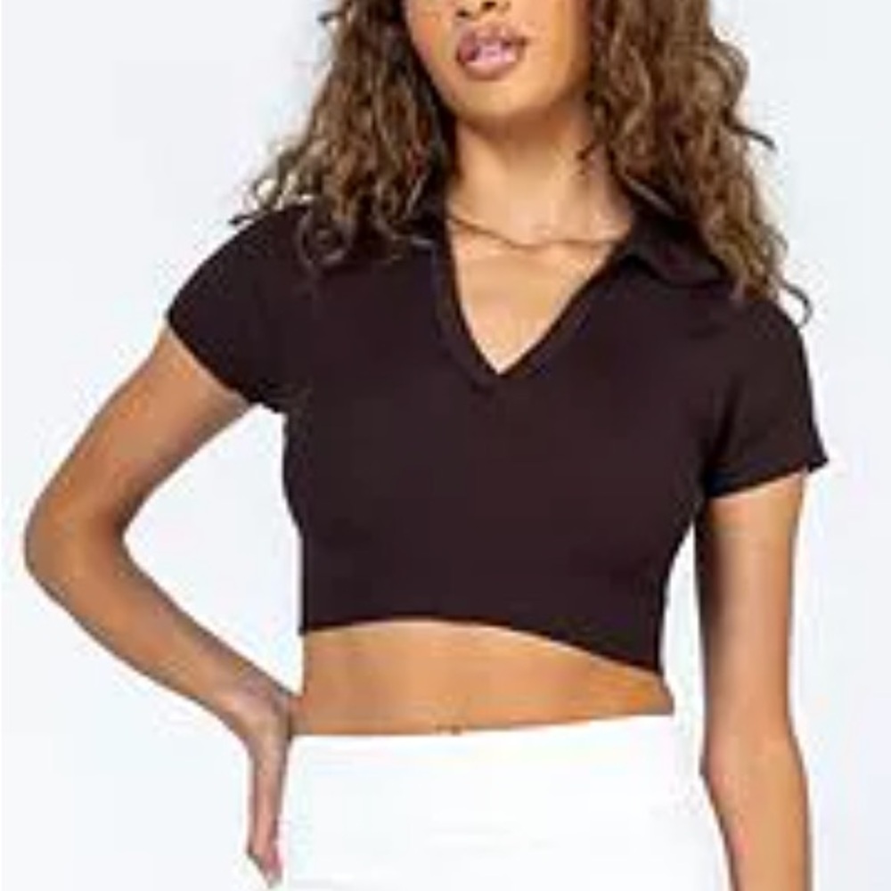 Princess Polly Brown Ribbed Collared Crop Top (Chelsea)